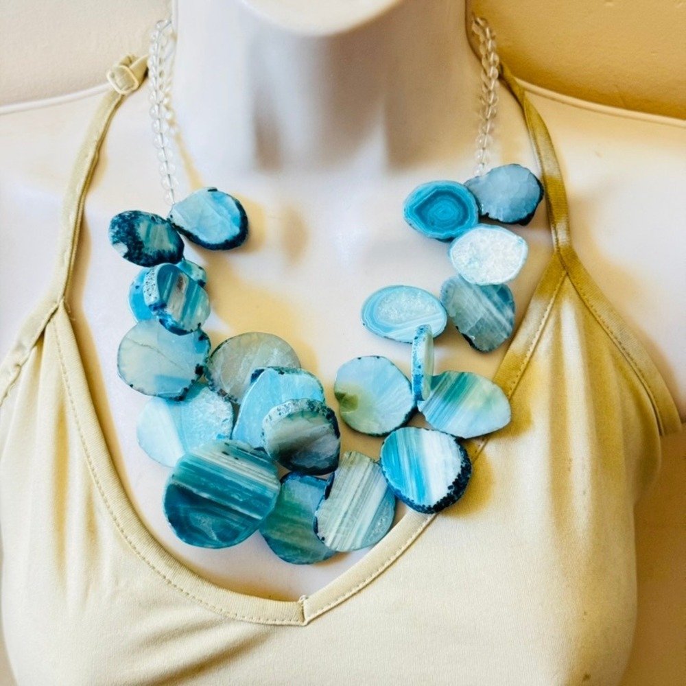 Barse 925 BOHO Blue Agate Chunky Necklace Slice‎ Beads stones Quartz rare 20"L